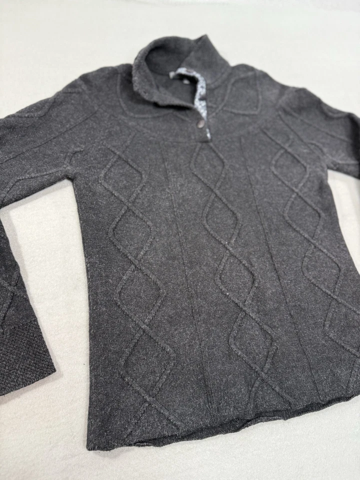Suéter tejido con cable de lana de cordero gris oscuro Horny Toad Joanna 1/4 botón talla M Foto 2 de 4