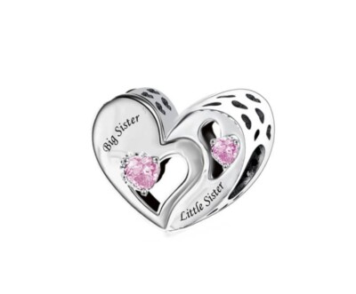 BIG SISTER LITTLE SISTER PINK HEART CHARM GIFT   925 STERLING SILVER GIFT