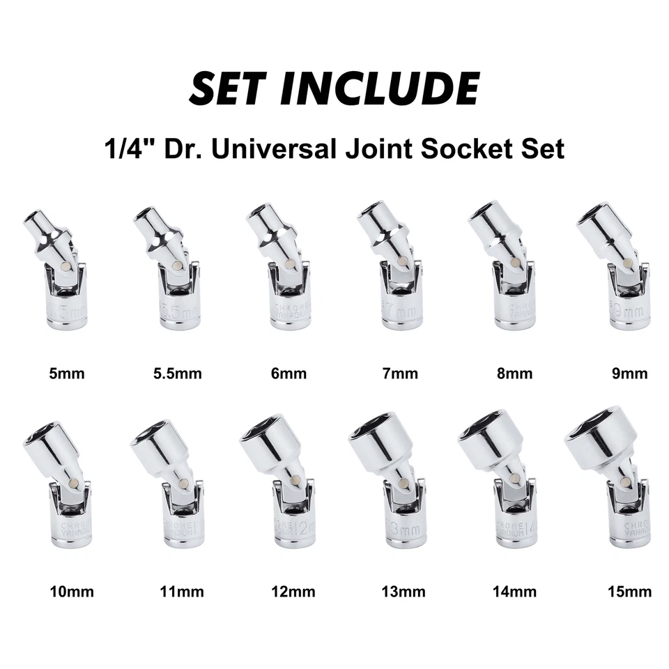 1/4" Drive Metric Universal Joint Impact Socket Set,Swivel Head CR-V 12 PCS - Image 2 of 4