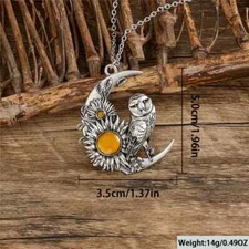 NEW Owl Love Owl Perched on Cresent Moon w/ Sunflowers Pendant Necklace