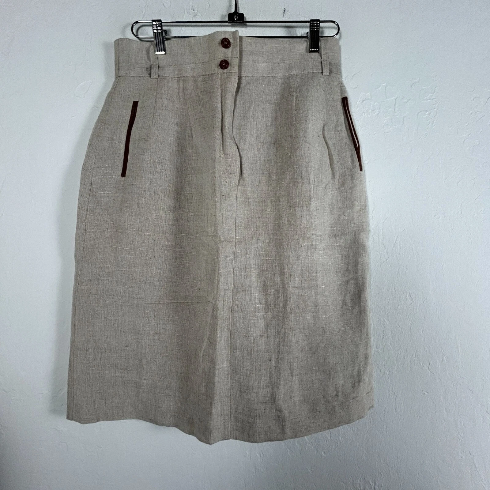Harvé Benard Womens Linen Blend Pencil Skirt Size 12 Beige Pockets Career New