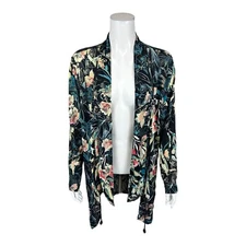 Attitudes by Renee Women's Slub Knit Cocoon Open-front Cardigan Black Large Size