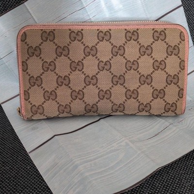 Gucci GG Pattern Long Wallet Beige Pink Canvas Gold Zipper