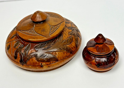 Vintage Carved Wood Trinket Box Lid Bowl Boho Botanical Jar Folk Art Rustic Lot