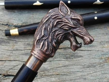 Wolf Face Walking Stick Wolf Head Antique Brass Handle Wooden Cane Vintage Decor