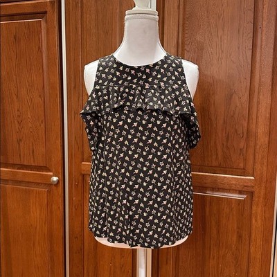 LOFT Black Floral Cold Shoulder Top
