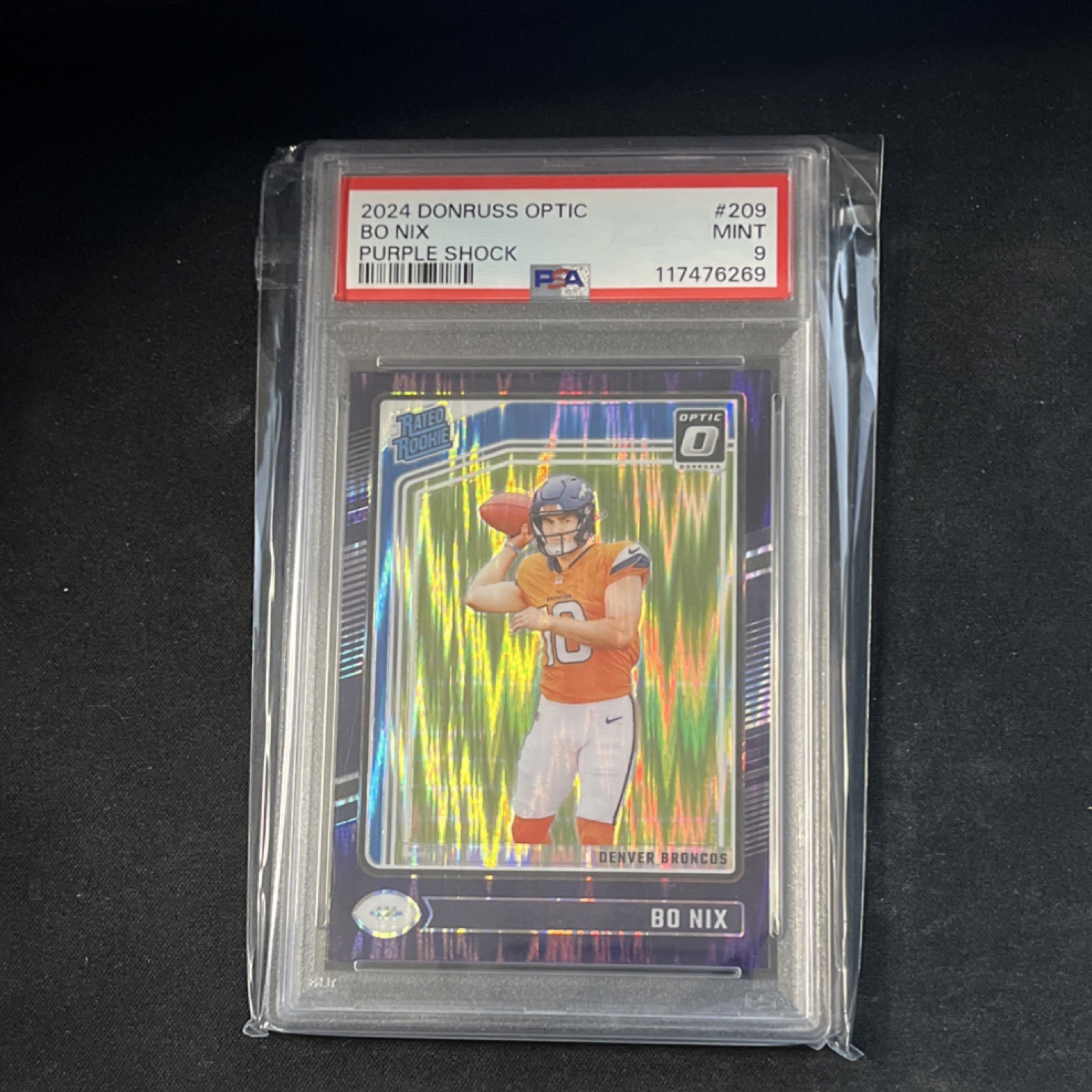 2024 Panini Donruss Optic Bo Nix Rated Rookie #209 Purple Shock Prizm PSA 9