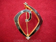 Broche Vintage SPHINX style Art Nouveau – Bijou Doré Emaillé Noir et Cristal