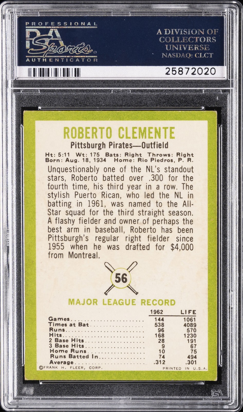 1963 FLEER #56 ROBERTO CLEMENTE PSA 4 view 2