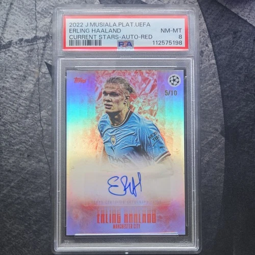 Erling Haaland 2022 J.Musiala Topps Current Stars Auto Red 5/10 PSA 8