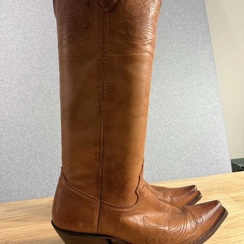 Tony Lama Botas Mujer 9 Marrón Cuero Suave Slouch Alto Bordado Western Foto 3 de 4