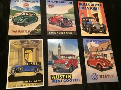 Auswahl von sechs Oldtimer-Werbepostkarten im Retro-Stil (30er-60er Jahre)