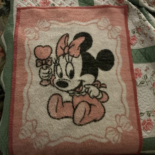 Vintage 1984 Biederlack Baby Blanket Minnie Mouse Disney Pink