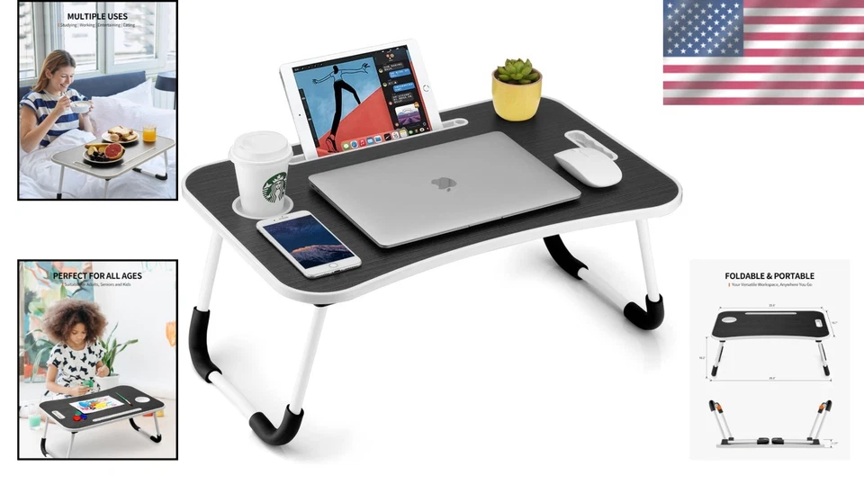 Bandeja de mesa portátil plegable para computadora portátil con portavasos - Ideal para trabajo y ocio Foto 2 de 4