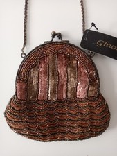 Ghungroo Brown Beaded Sequin Clutch Bag Evening Purse With Chain Strap