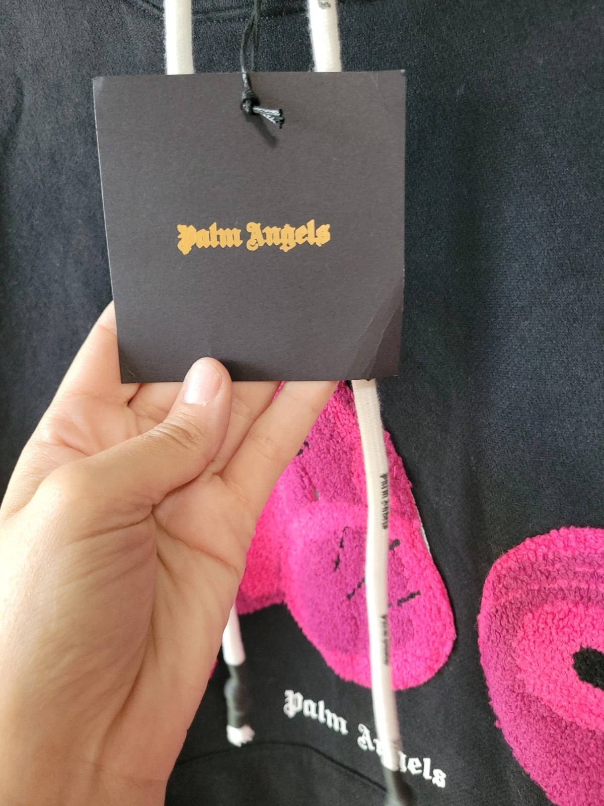 Felpa con cappuccio uomo Palm Angels Bear nera viola rosa orsetto nuova con etichetta taglia L