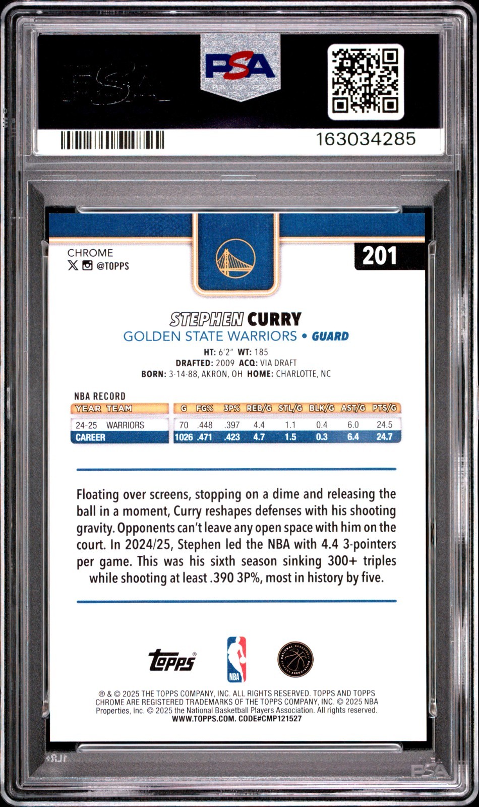 STEPHEN CURRY *PSA 9* 2025-26 Topps Chrome Blue X-Fractor - Golden St. Warriors view 2