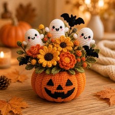 Crochet Halloween Flower Arrangement, Ghost Black Cat Pumpkin Witch Cauldron Ce