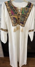 White Cotton Kaftan Dress with Colorful Embroidery  Tassels, Size M
