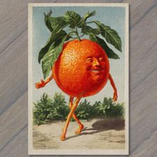 POSTCARD Dancing Orange Man Vintage Fruit Character Whimsy Retro Cheerful