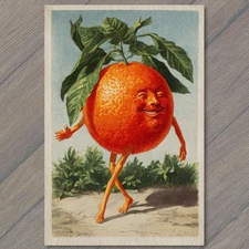 POSTCARD Dancing Orange Man Vintage Fruit Character Whimsy Retro Cheerful