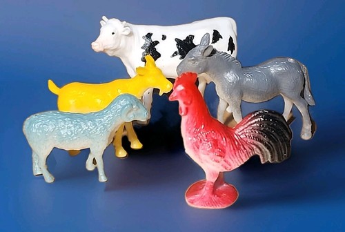 Vintage Lot Of Plastic Farm Animals Sheep Goat Cow Goat Donkey Chicken Figures