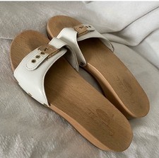 70  s Nostalgia Dr. Scholl's Original Collection White Leather Wood Clog Sandals