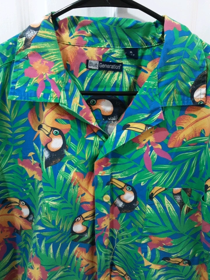 Mens tropical short sleeve shirt pocket button down tucan bird blue green XL - Image 2 of 4
