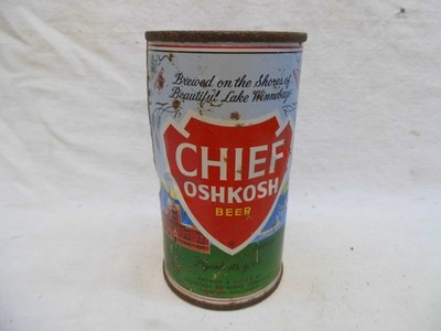 CHIEF OSHKOSH KEGLINED LINE 2 LINES JUICE TAB TOP BEER CAN~OSHKOSH, OSHKOSH, WIS