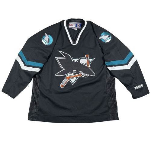Vintage 90s CCM San Jose Sharks NHL Hockey Jersey Mens XL Black Teal Patches