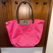 Longchamp Le Pliage Tote Bag Womens Pink Nylon Brown Leather Made in France S