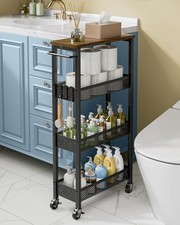 Slim Rolling Storage Cart 4 Tier Bathroom Organizer Wood Top Utility Black