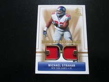MICHAEL STRAHAN 2007 SP ROOKIE THREADS DOUBLE COVERAGE DUAL GAME USED PATCH CARD. rookie card picture