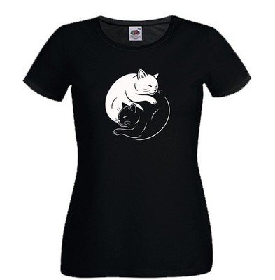 Tao Katzen Yin Yan T-Shirt schwarz mit Katze zarte Mici schwarz Damen Schnitt Baumwolle
