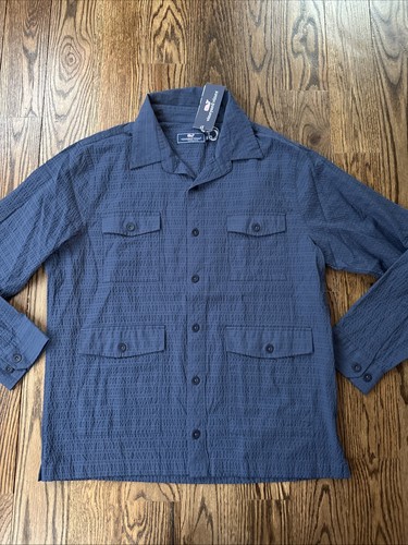 Vineyard Vines Blue Pockets Button-Up Shirt Lightweight Shacket Seersucker M New - Picture 1 of 6