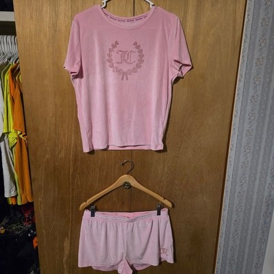 Juicy Couture Pink Velour Pajama Set XL Tee Shorts Rhinestone Logo Y2K