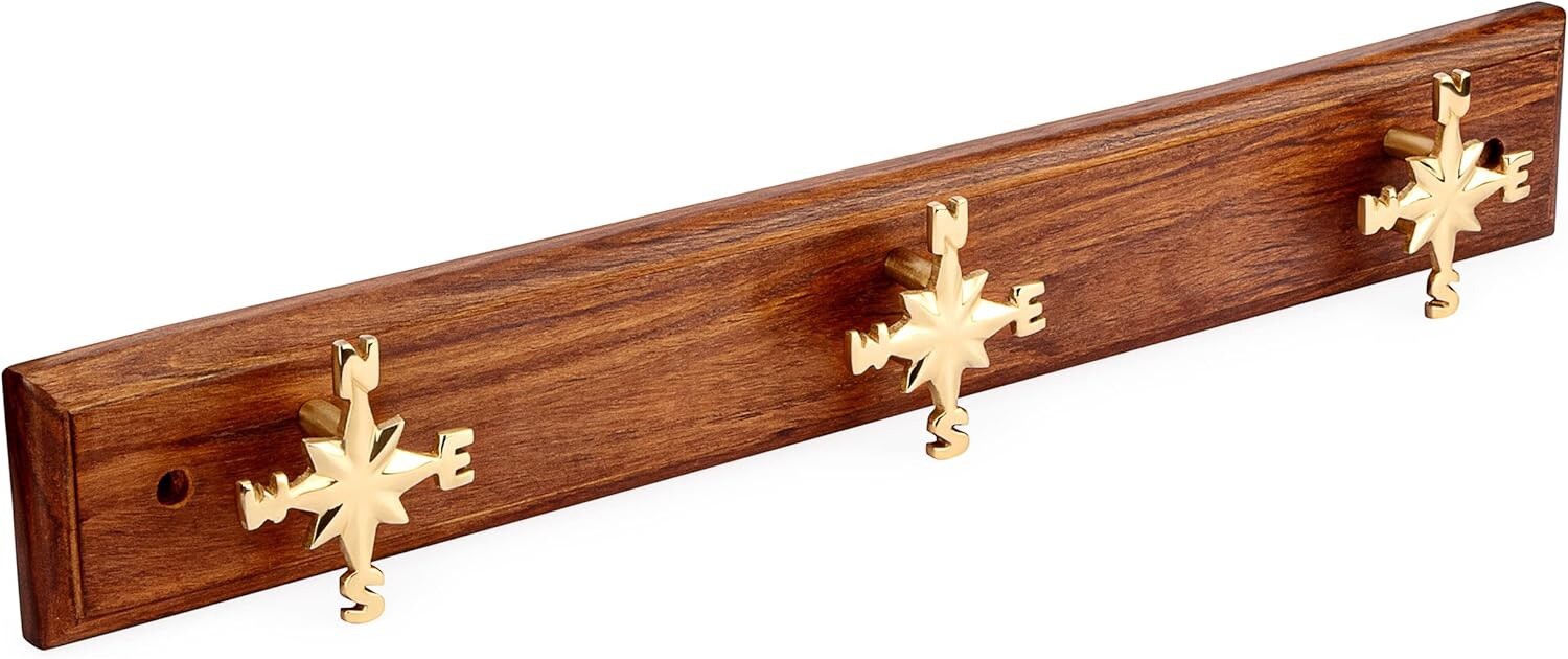 Appendiabiti da Parete Rosa dei Venti Ottone e Legno - Idea Regalo Nautica