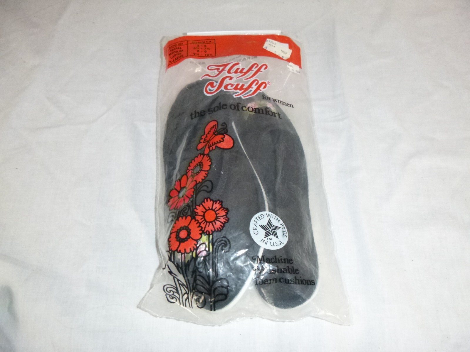 SAOLA NOS Vintage Fluff Scuff Terrycloth Pantofole Suola in Gomma Nero con Fiori Taglia S