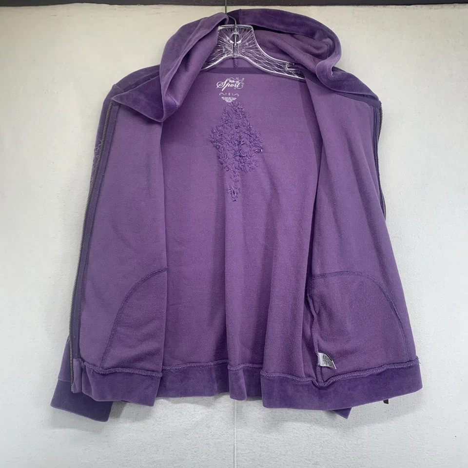 Moletom com capuz feminino roxo pequeno pequeno bordado floral estilo tecido felpudo - Imagem 2 de 4