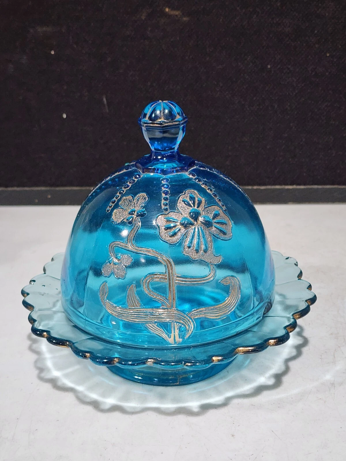 NORTHWOOD BLUE TEARDROP GOLD FLOWER BUTTER DISH W/ DOME LID
