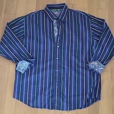 Men's Bugatchi Long Sleeve Button Down Shirt Blue Multicolor Stripe Floral Large