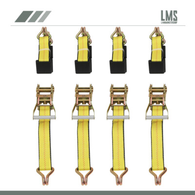 4 (four) Hook Strap Ratchet Car Hauler Wheel Tie Down Yellow