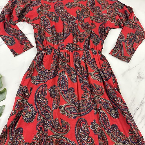 Starlo Womens Vintage 80s Maxi Dress Size L Red Blue Paisley Floral High Neck - Picture 3 of 9