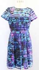 Tahari ASL Levine Blue Striped Floral Illusion Fit Flare Dress Size 8 Cocktail
