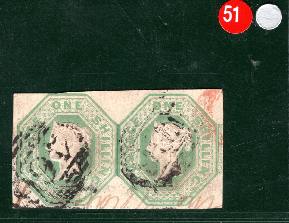 GB QV EMBOSSED Stamp SG.54 1s Pale Green (1847) PAIR Used Cat £2,000+ REDS51 - Image 3 of 4