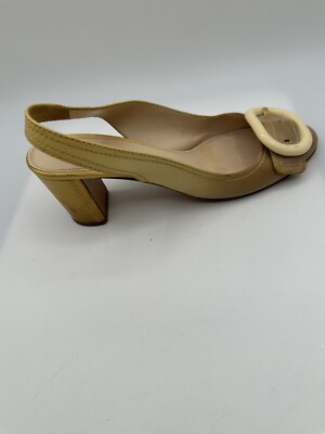 PRADA OMBRÉ BEIGE YELLOW PATENT LEATHER BUCKLE BLOCK HEEL