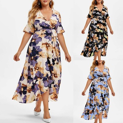 Women's Plus Size Casual Boho Floral Dress Ruffle Short Sleeve Irregular Dresses