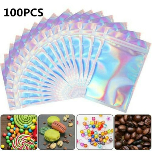 100pcs Iridescent Holographic Clear Foil Zip Lock Mylar Bags Sealable Storage - Picture 3 of 10