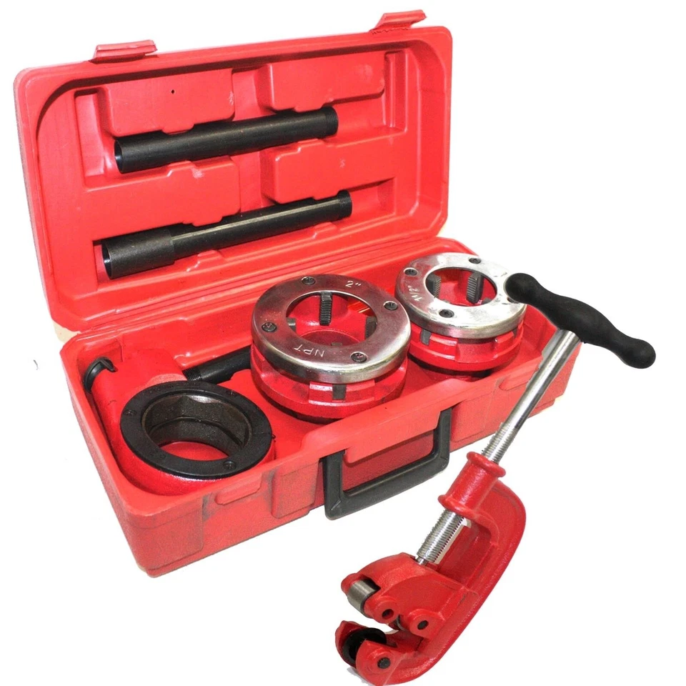 Enhebrador de tubería tipo trinquete de plomería troqueles NPT de 1-1/2" y 2" con cortador de tubería #2 NUEVO