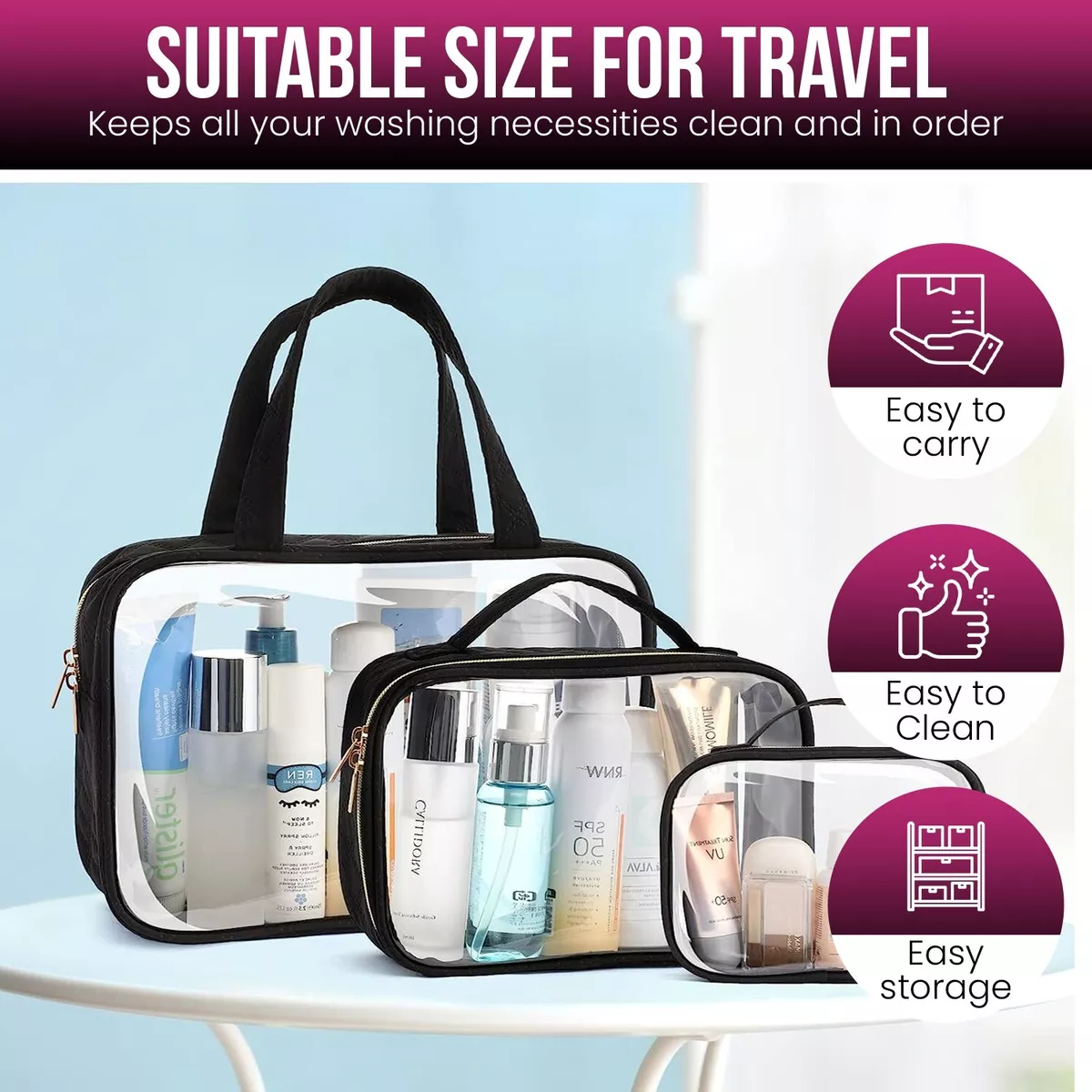 3pc Transparent Sac Voyage Set Aéroport Cosmétique Maquillage